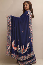 Blue Hand Embroidered Parsi Gara Crepe Flower And Bird Design Saree - Luxurion World