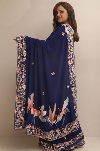 Blue Hand Embroidered Parsi Gara Crepe Flower And Bird Design Saree - Luxurion World