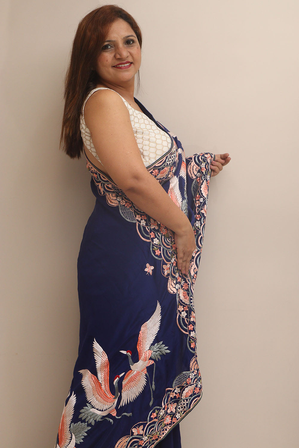 Blue Hand Embroidered Parsi Gara Crepe Flower And Bird Design Saree - Luxurion World