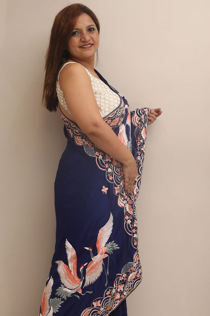 Blue Hand Embroidered Parsi Gara Crepe Flower And Bird Design Saree - Luxurion World