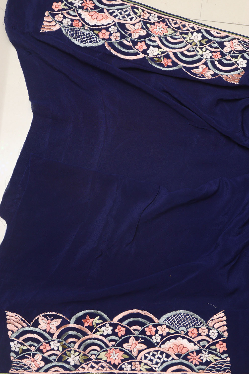 Blue Hand Embroidered Parsi Gara Crepe Flower And Bird Design Saree - Luxurion World