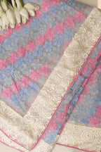 Multicolor Hand Embroidered Parsi Gara Organza Chikankari Shadow Work Flower Design Saree - Luxurion World