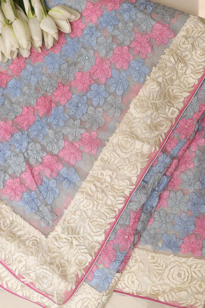 Multicolor Hand Embroidered Parsi Gara Organza Chikankari Shadow Work Flower Design Saree - Luxurion World