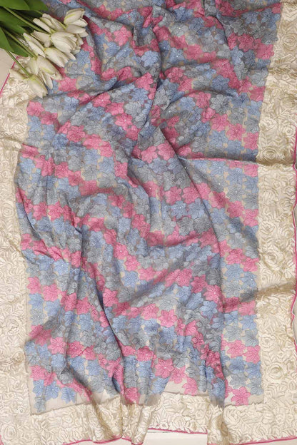 Multicolor Hand Embroidered Parsi Gara Organza Chikankari Shadow Work Flower Design Saree - Luxurion World