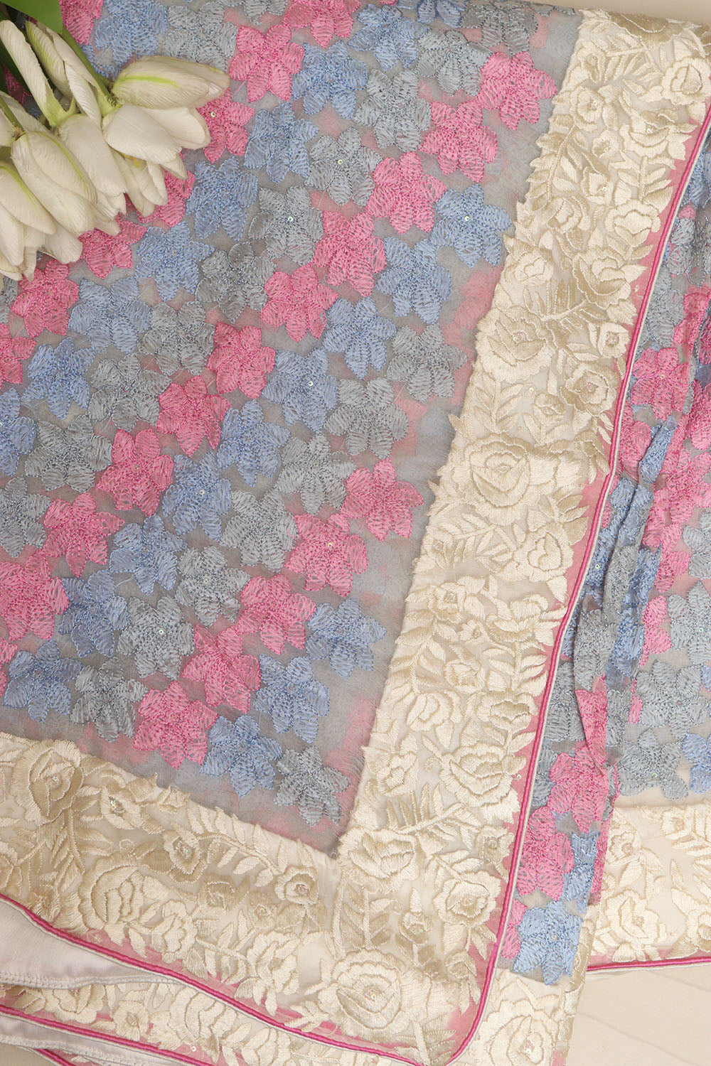 Multicolor Hand Embroidered Parsi Gara Organza Chikankari Shadow Work Flower Design Saree - Luxurion World