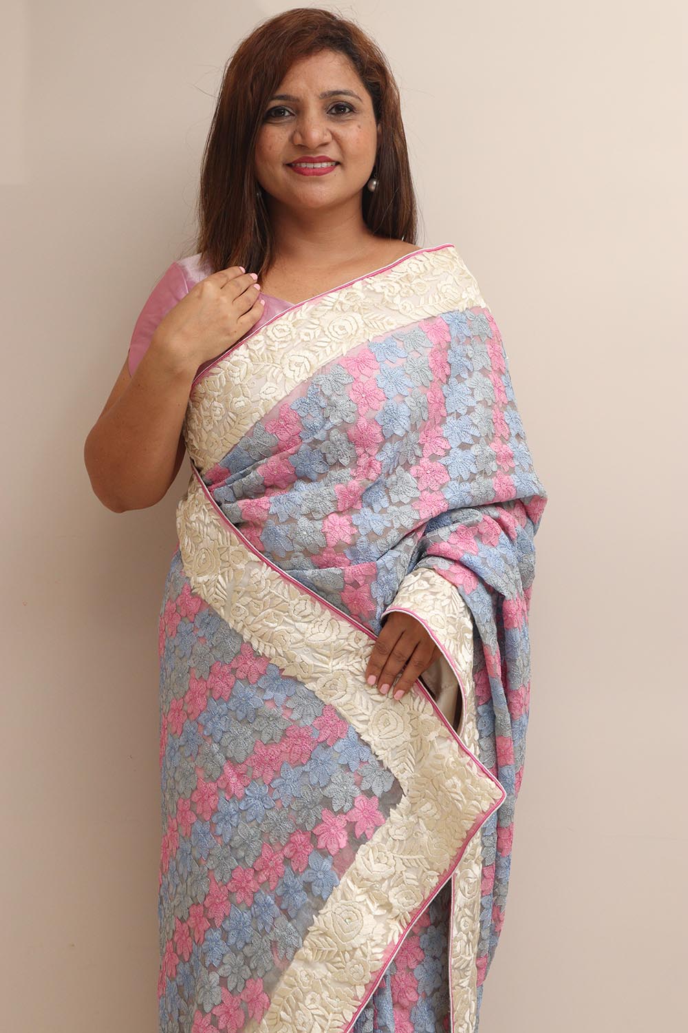 Multicolor Hand Embroidered Parsi Gara Organza Chikankari Shadow Work Flower Design Saree - Luxurion World