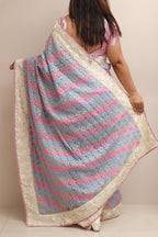 Multicolor Hand Embroidered Parsi Gara Organza Chikankari Shadow Work Flower Design Saree - Luxurion World