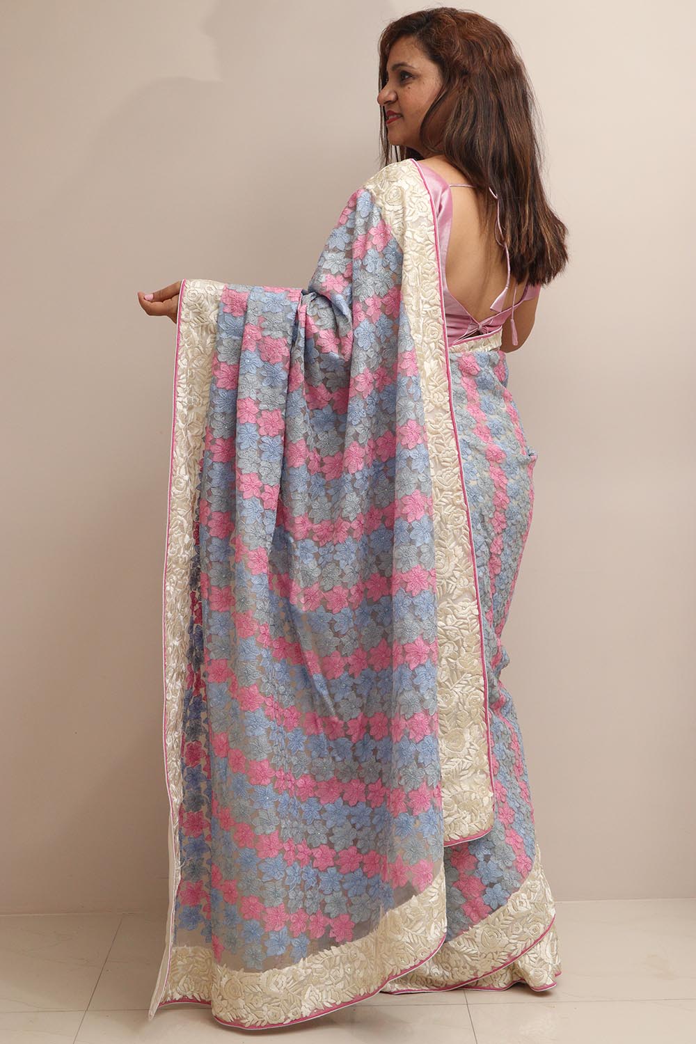 Multicolor Hand Embroidered Parsi Gara Organza Chikankari Shadow Work Flower Design Saree - Luxurion World