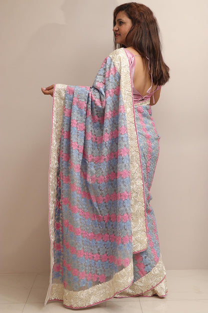 Multicolor Hand Embroidered Parsi Gara Organza Chikankari Shadow Work Flower Design Saree - Luxurion World