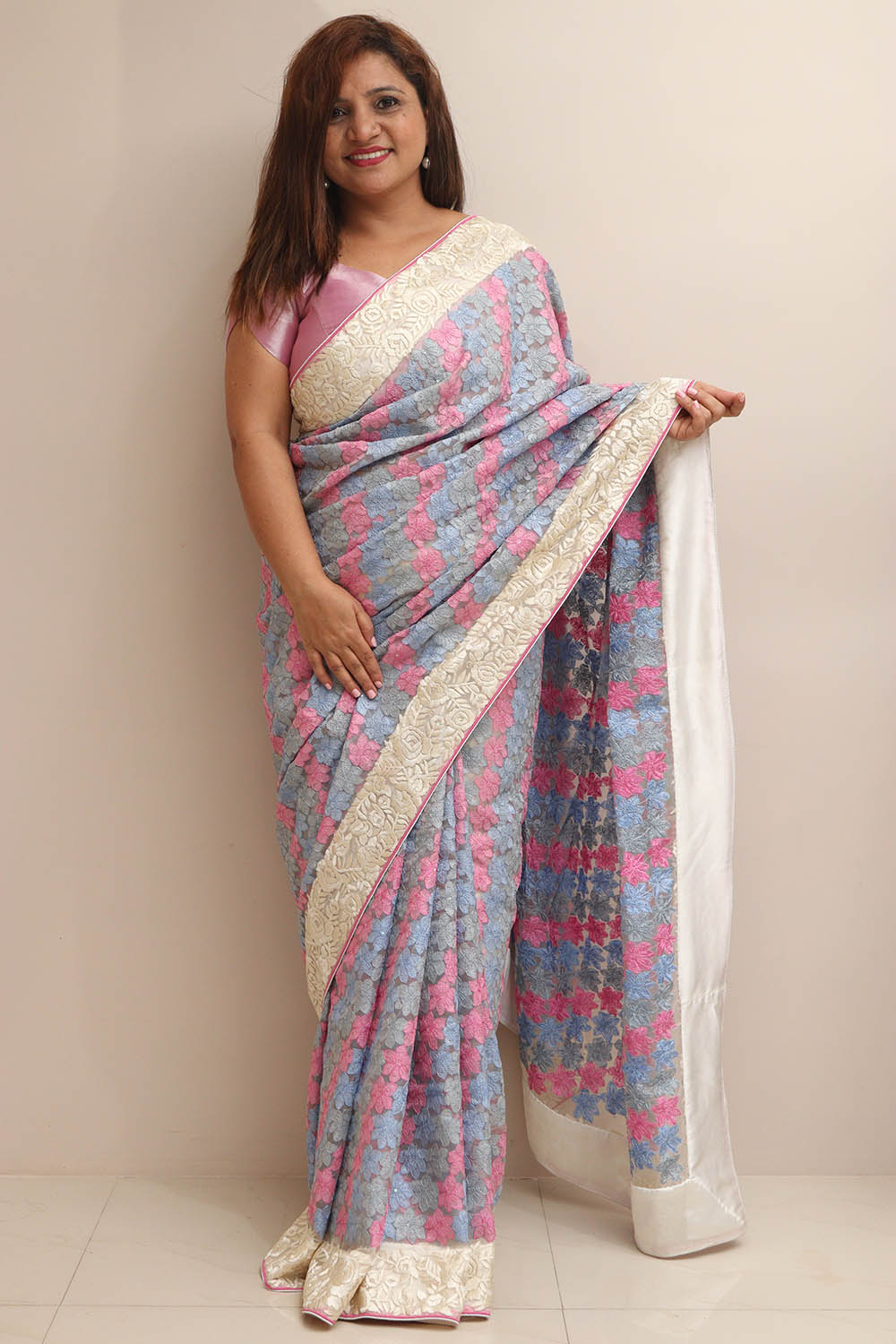 Multicolor Hand Embroidered Parsi Gara Organza Chikankari Shadow Work Flower Design Saree - Luxurion World