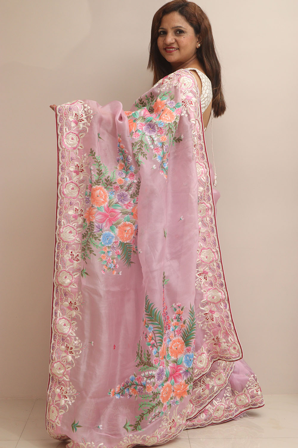 Pink Hand Embroidered Parsi Gara Organza Flower Design Hand Painted Saree - Luxurion World