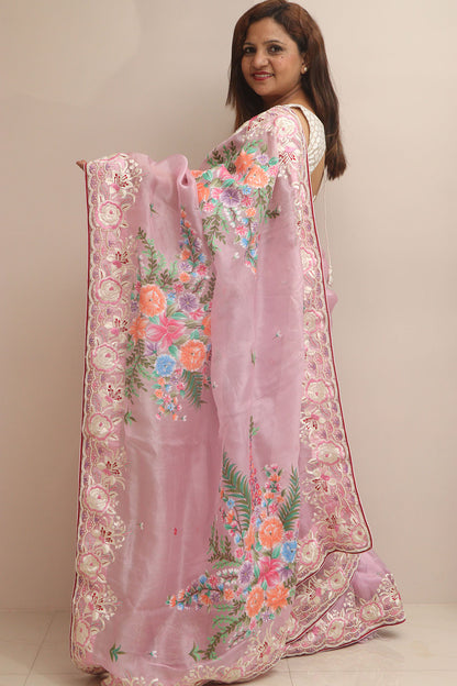 Pink Hand Embroidered Parsi Gara Organza Flower Design Hand Painted Saree - Luxurion World