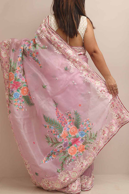 Pink Hand Embroidered Parsi Gara Organza Flower Design Hand Painted Saree - Luxurion World
