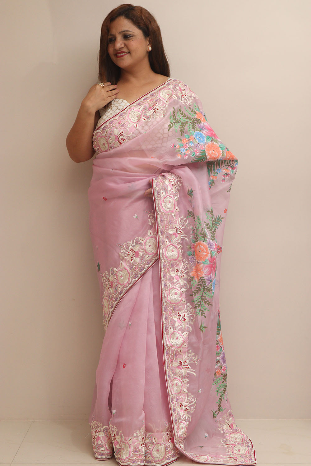 Pink Hand Embroidered Parsi Gara Organza Flower Design Hand Painted Saree - Luxurion World