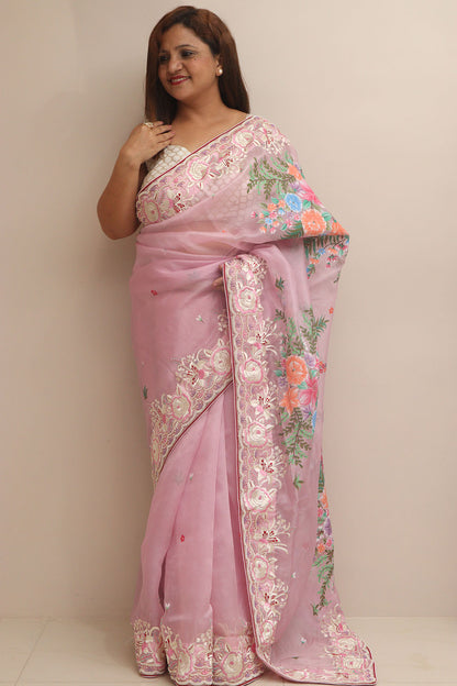 Pink Hand Embroidered Parsi Gara Organza Flower Design Hand Painted Saree - Luxurion World