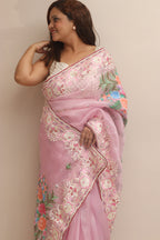 Pink Hand Embroidered Parsi Gara Organza Flower Design Hand Painted Saree - Luxurion World