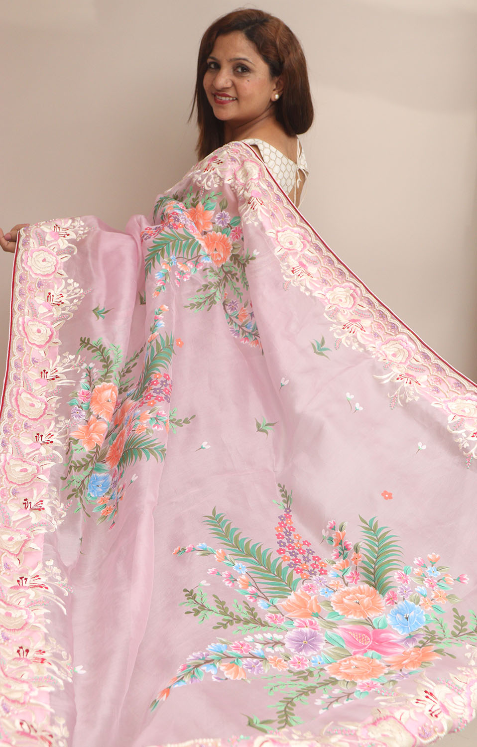 Pink Hand Embroidered Parsi Gara Organza Flower Design Hand Painted Saree - Luxurion World