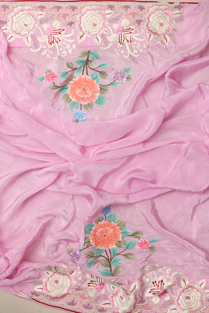 Pink Hand Embroidered Parsi Gara Organza Flower Design Hand Painted Saree - Luxurion World