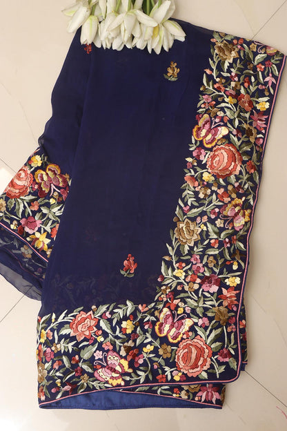 Blue Hand Embroidered Parsi Gara Georgette Flower Design Saree - Luxurion World
