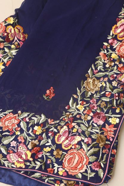 Blue Hand Embroidered Parsi Gara Georgette Flower Design Saree - Luxurion World
