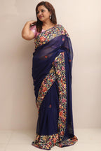 Blue Hand Embroidered Parsi Gara Georgette Flower Design Saree - Luxurion World