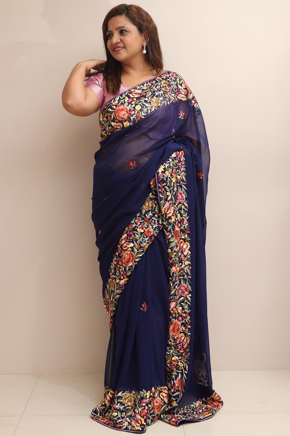 Blue Hand Embroidered Parsi Gara Georgette Flower Design Saree - Luxurion World