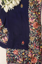 Blue Hand Embroidered Parsi Gara Georgette Flower Design Saree - Luxurion World