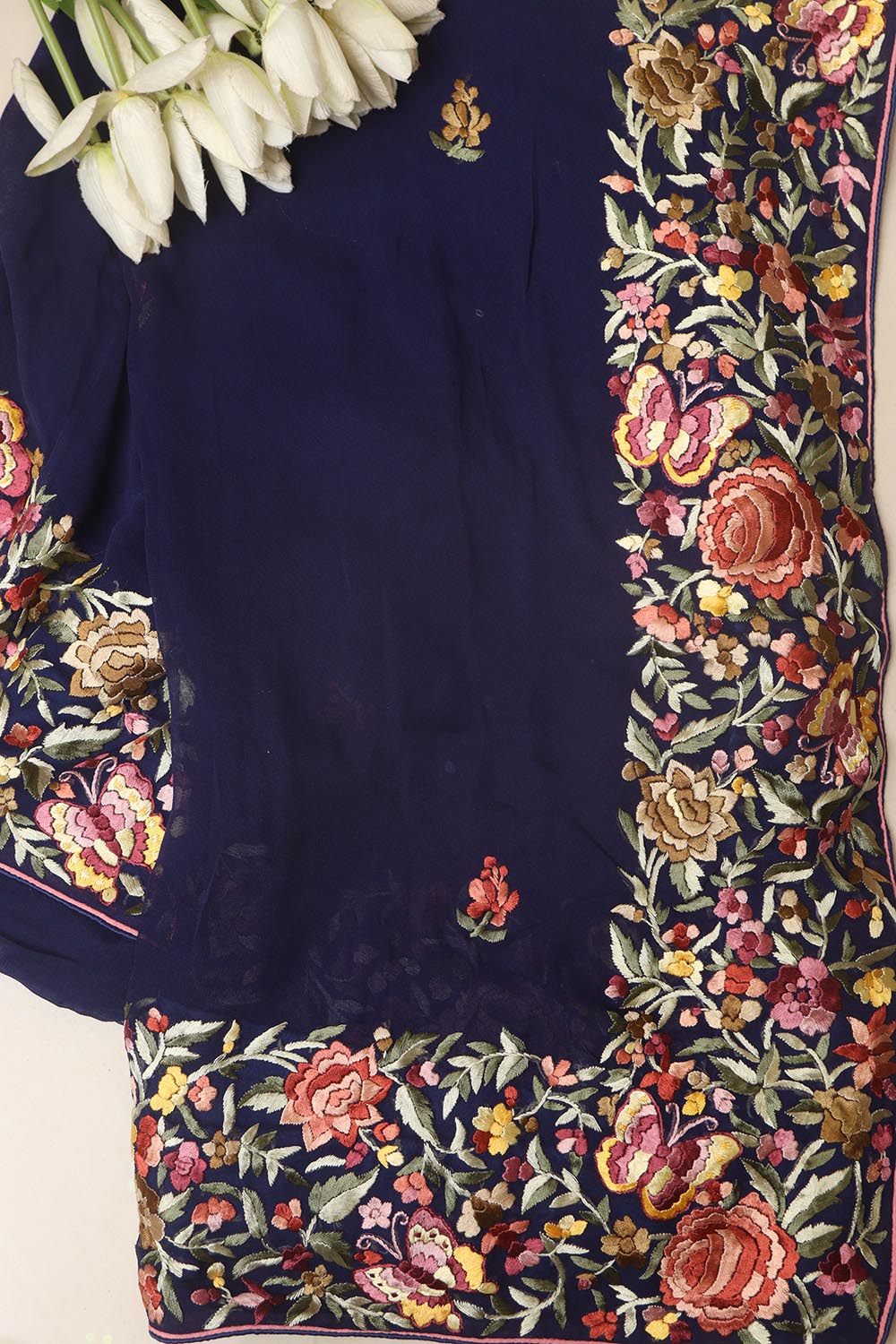 Blue Hand Embroidered Parsi Gara Georgette Flower Design Saree - Luxurion World