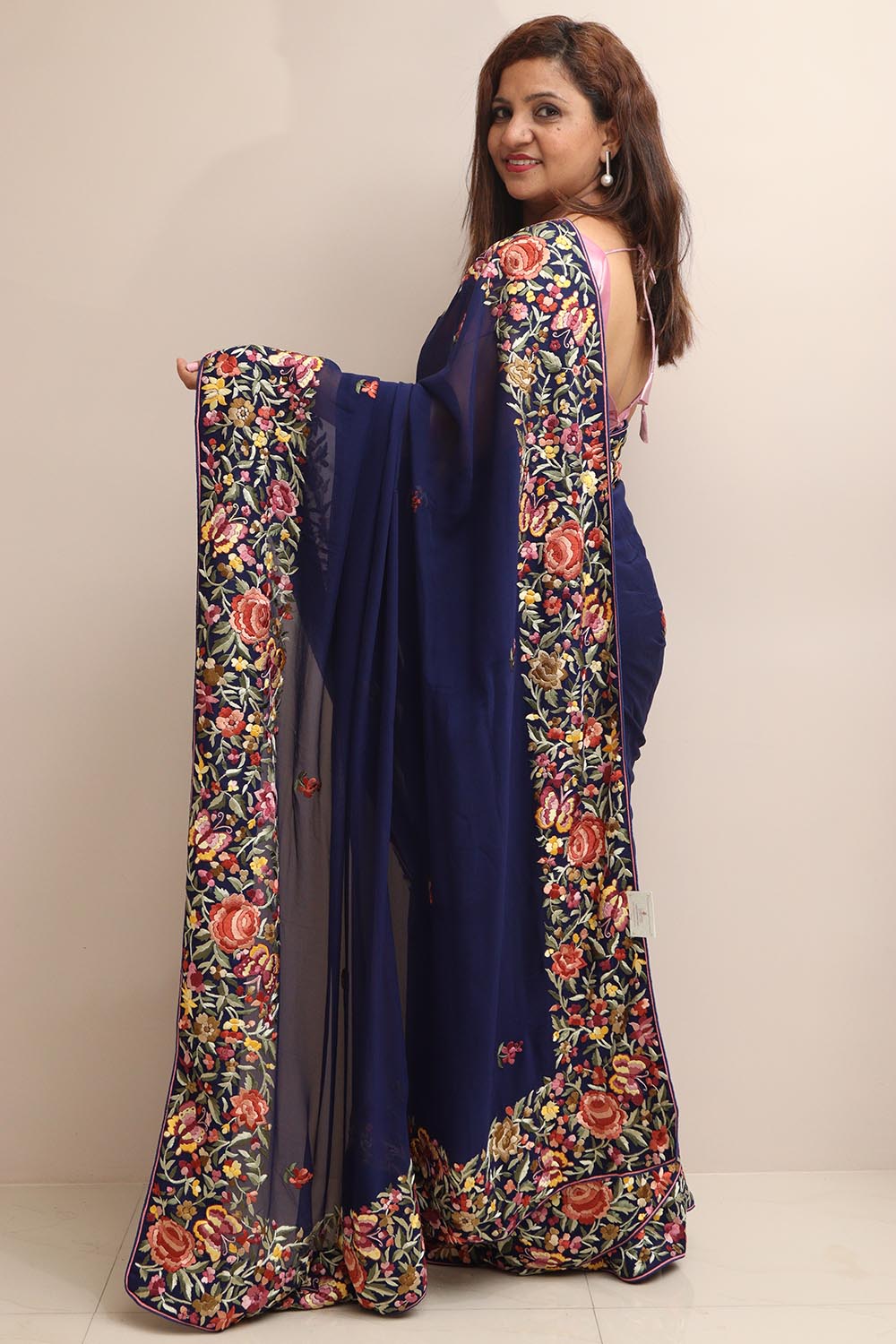 Blue Hand Embroidered Parsi Gara Georgette Flower Design Saree - Luxurion World