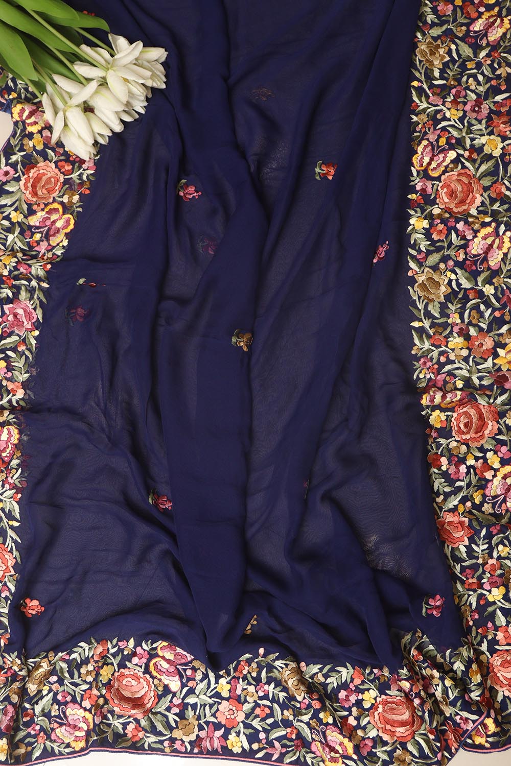 Blue Hand Embroidered Parsi Gara Georgette Flower Design Saree - Luxurion World