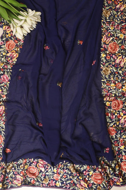Blue Hand Embroidered Parsi Gara Georgette Flower Design Saree - Luxurion World