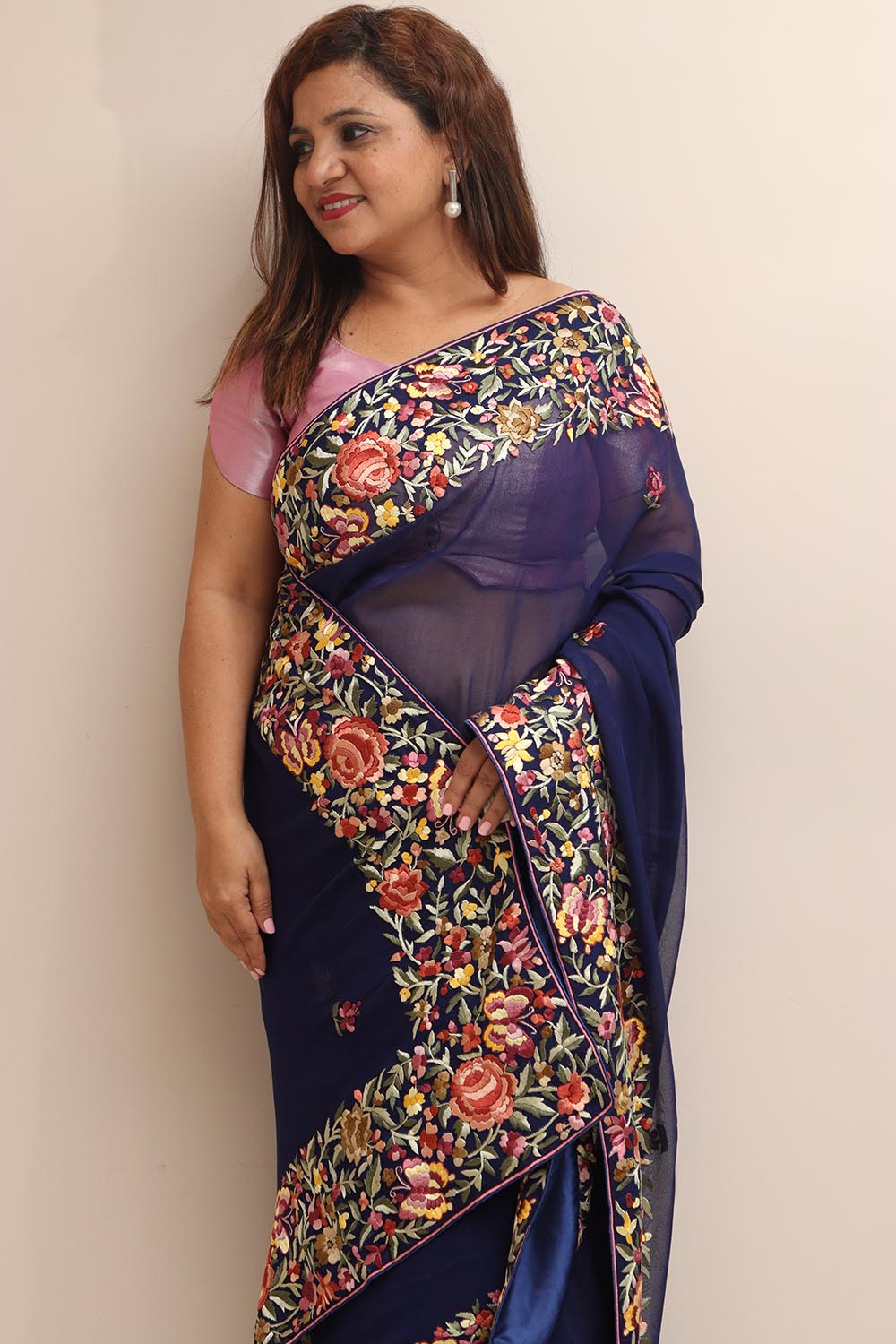 Blue Hand Embroidered Parsi Gara Georgette Flower Design Saree - Luxurion World