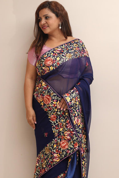 Blue Hand Embroidered Parsi Gara Georgette Flower Design Saree - Luxurion World