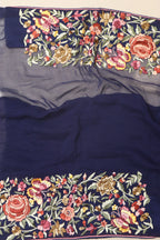 Blue Hand Embroidered Parsi Gara Georgette Flower Design Saree - Luxurion World