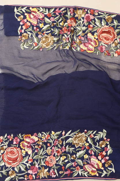 Blue Hand Embroidered Parsi Gara Georgette Flower Design Saree - Luxurion World