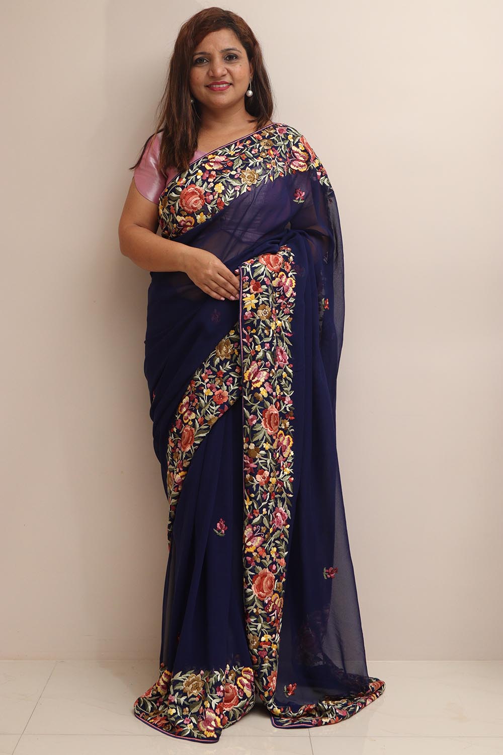 Blue Hand Embroidered Parsi Gara Georgette Flower Design Saree - Luxurion World