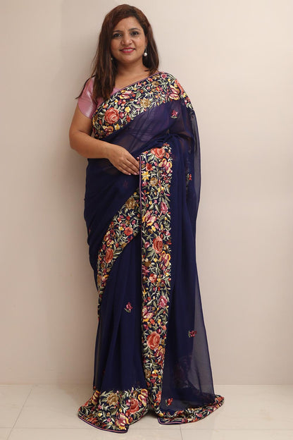 Blue Hand Embroidered Parsi Gara Georgette Flower Design Saree - Luxurion World