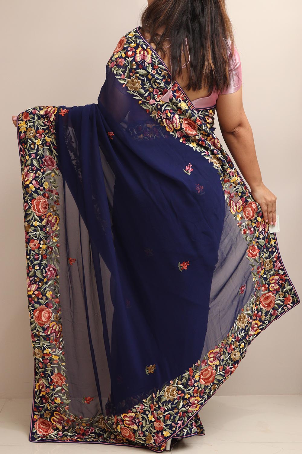 Blue Hand Embroidered Parsi Gara Georgette Flower Design Saree - Luxurion World
