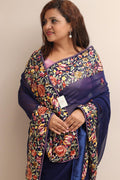 Blue Hand Embroidered Parsi Gara Georgette Flower Design Saree - Luxurion World