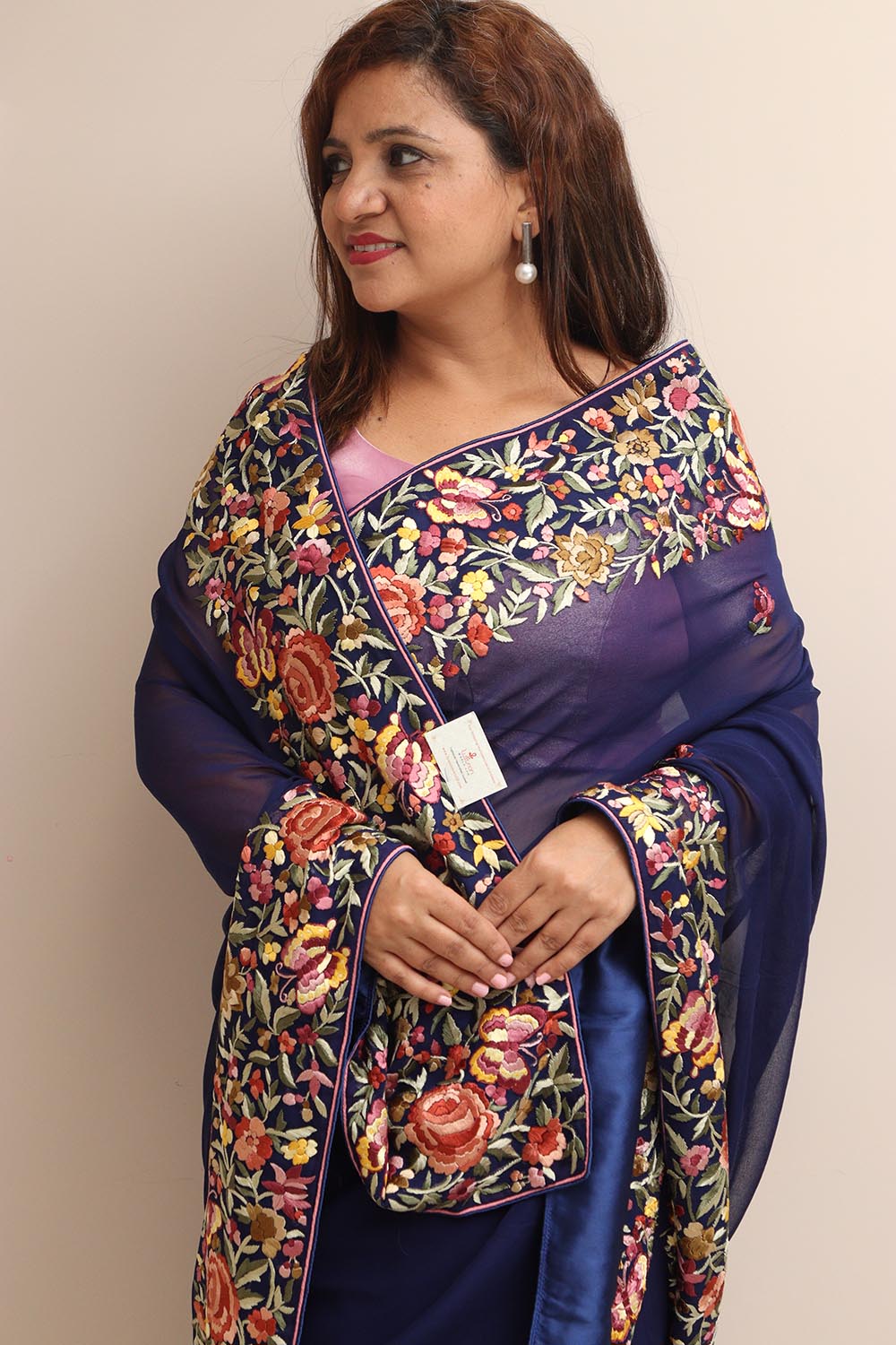 Blue Hand Embroidered Parsi Gara Georgette Flower Design Saree - Luxurion World