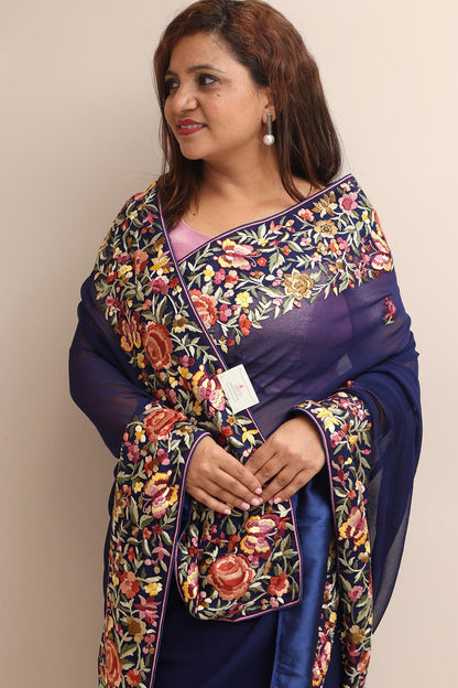 Blue Hand Embroidered Parsi Gara Georgette Flower Design Saree - Luxurion World