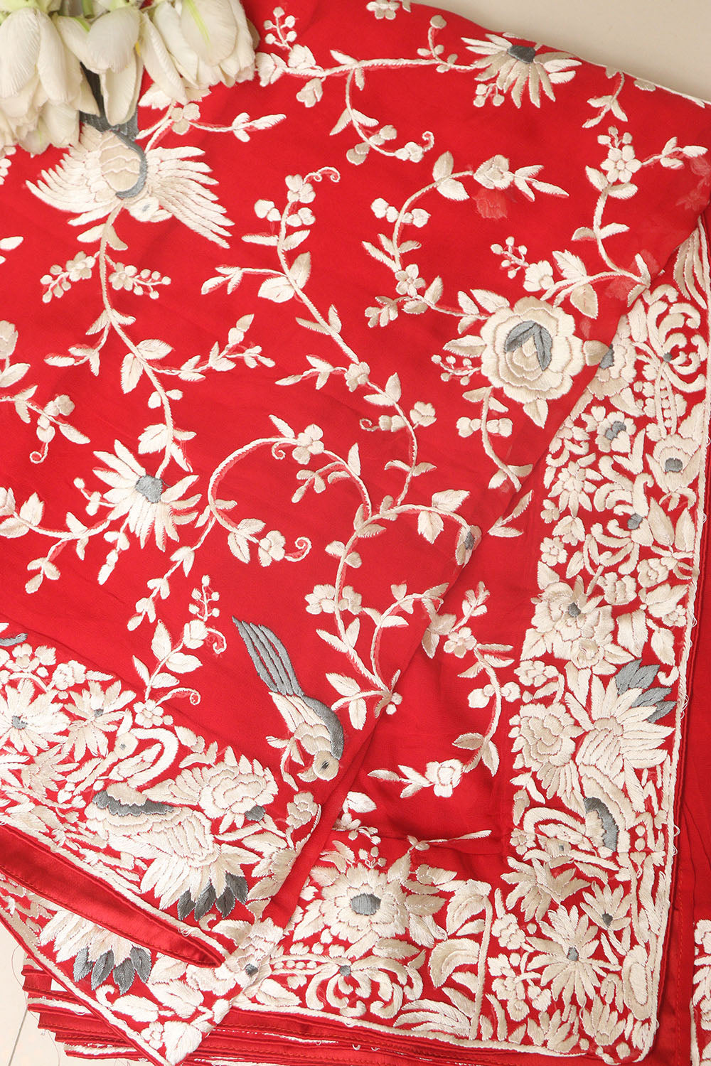 Red Hand Embroidered Parsi Gara Georgette Flower Design Saree - Luxurion World