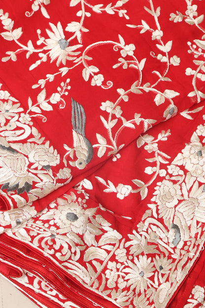 Red Hand Embroidered Parsi Gara Georgette Flower Design Saree - Luxurion World