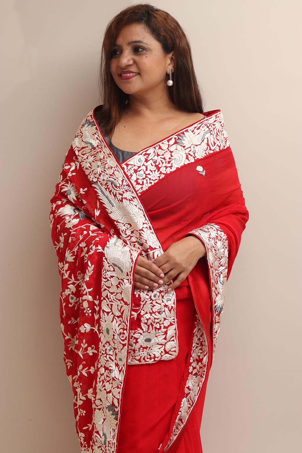 Red Hand Embroidered Parsi Gara Georgette Flower Design Saree - Luxurion World