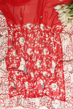 Red Hand Embroidered Parsi Gara Georgette Flower Design Saree - Luxurion World