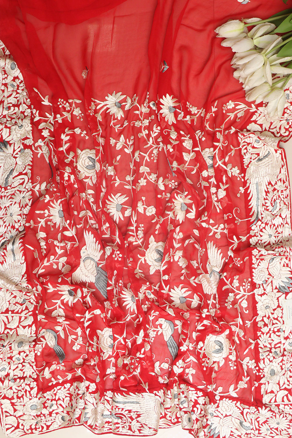 Red Hand Embroidered Parsi Gara Georgette Flower Design Saree - Luxurion World
