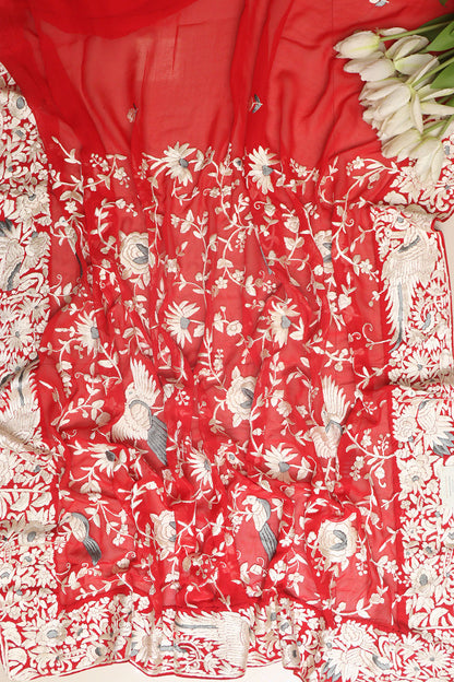 Red Hand Embroidered Parsi Gara Georgette Flower Design Saree - Luxurion World