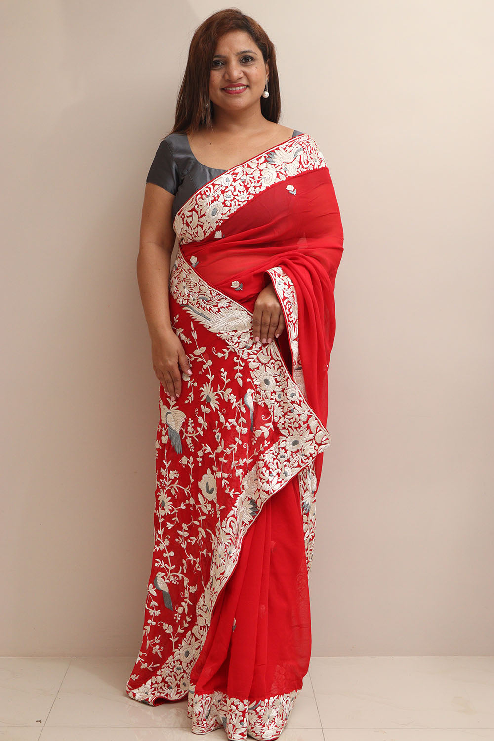 Red Hand Embroidered Parsi Gara Georgette Flower Design Saree - Luxurion World