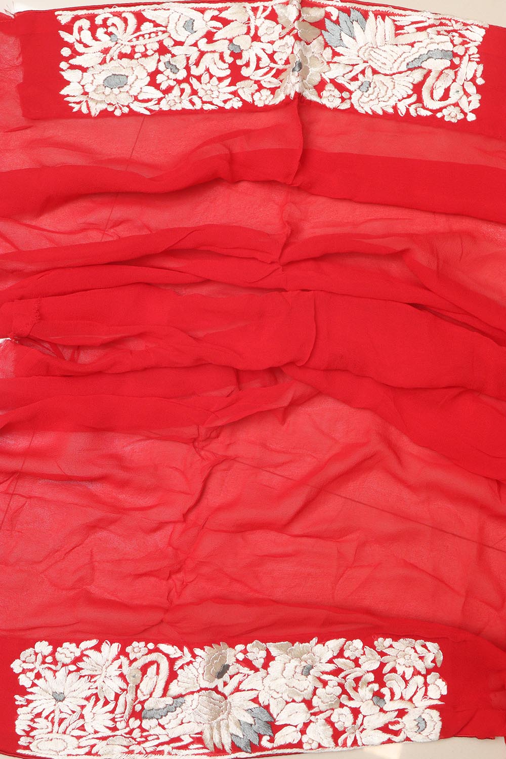 Red Hand Embroidered Parsi Gara Georgette Flower Design Saree - Luxurion World