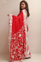Red Hand Embroidered Parsi Gara Georgette Flower Design Saree - Luxurion World